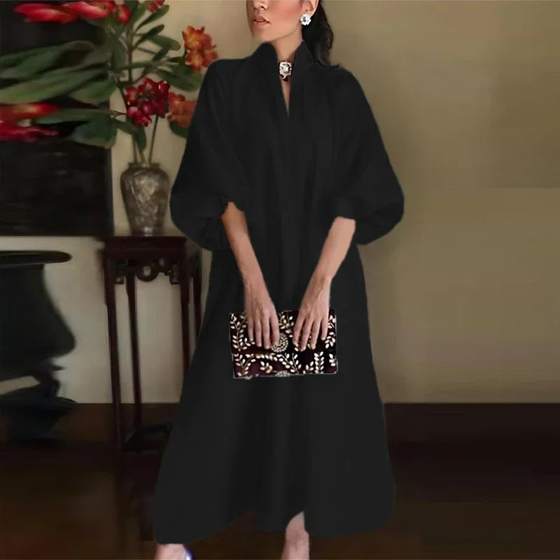 Women's V-Neck A-Line Maxi Dress – Elegant Lantern-Sleeve Style