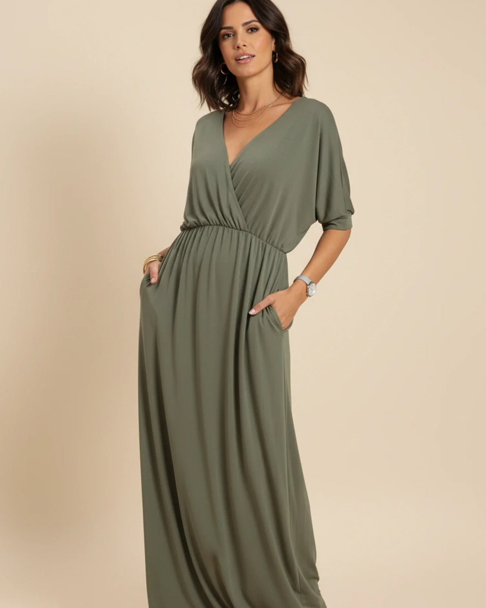 Women's V-Neck Maxi Dress with Pockets – Flowing Side-Slit Summer Style
