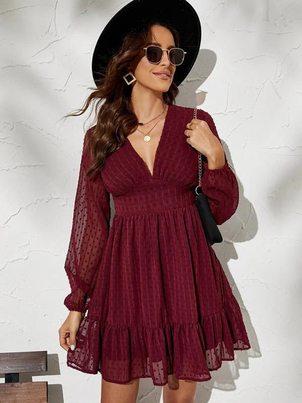 Women's V-Neck Mini Dress – Long-Sleeve Flared Style