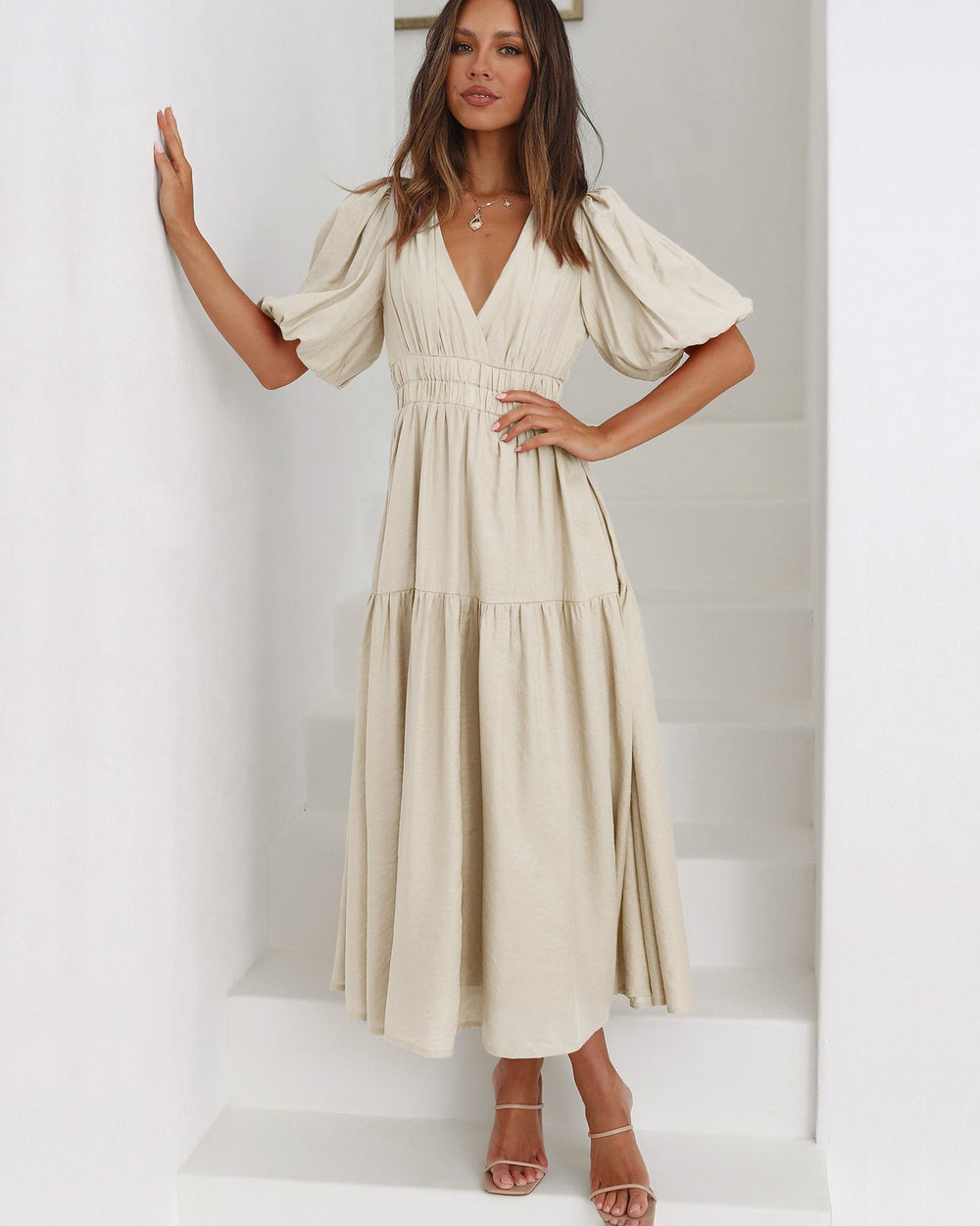 Women's V-Neck Puff-Sleeve Maxi Dress with Flared Skirt – Testing