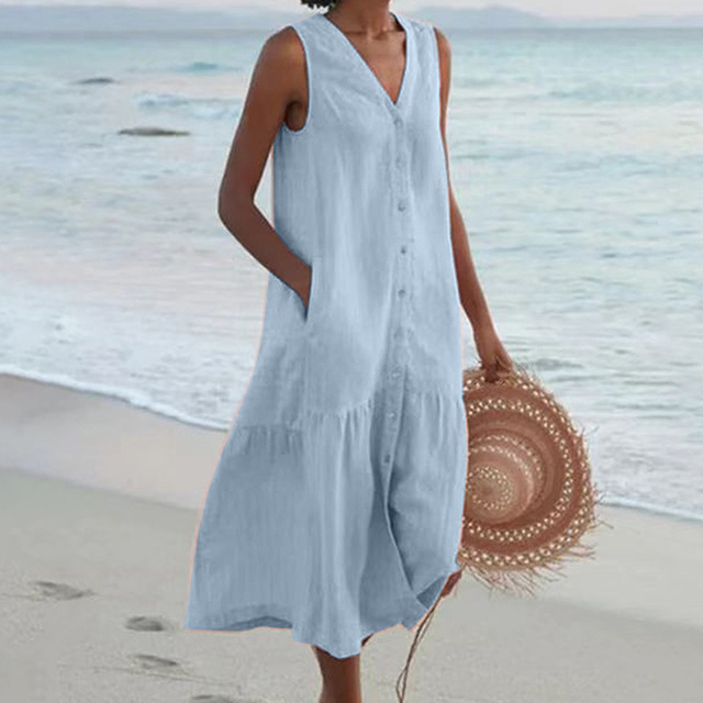 Women's V-Neck Summer Dress – Lightweight Relaxed Linen Style