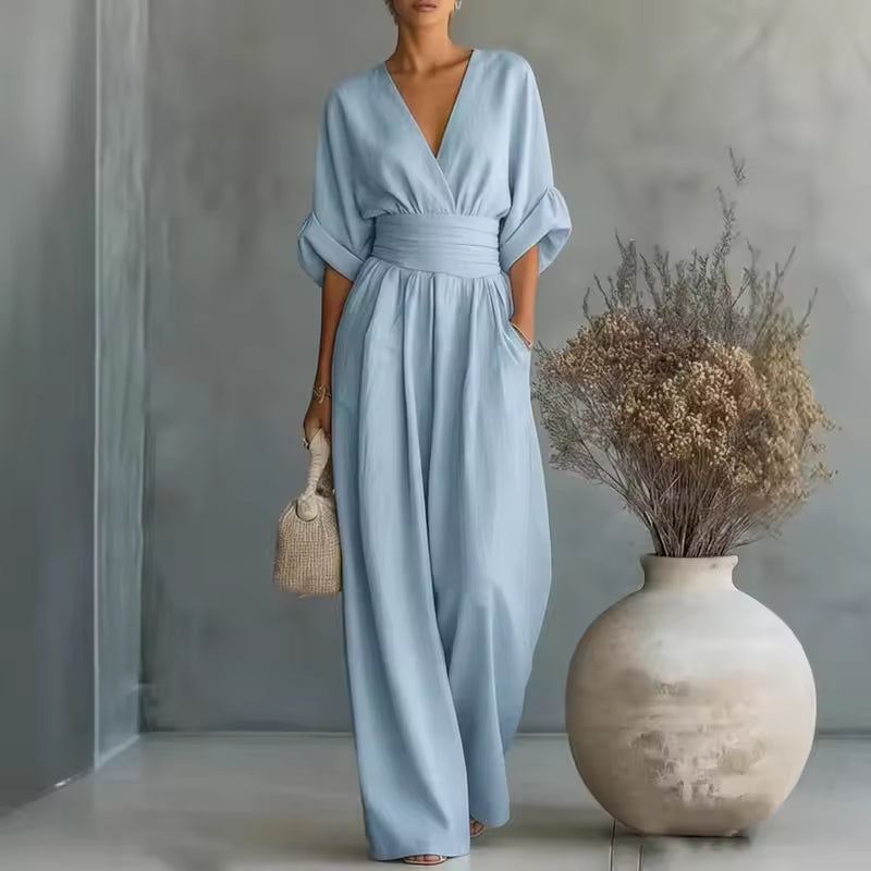 Women's V-Neck Wide-Leg Jumpsuit – Flowing Evening Outfit