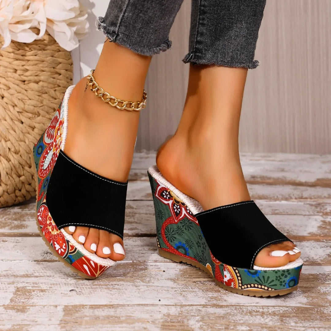 Women’s Velvet-Look Bohemian Wedge Mules with Floral Heel