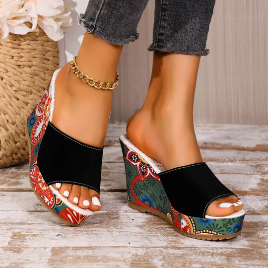 Women’s Velvet-Look Bohemian Wedge Mules with Floral Heel