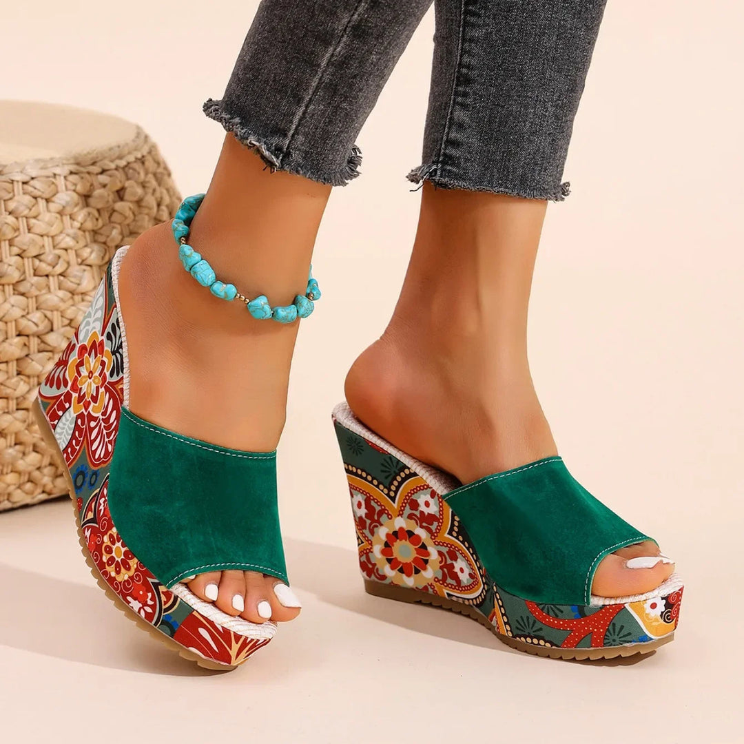 Women’s Velvet-Look Bohemian Wedge Mules with Floral Heel