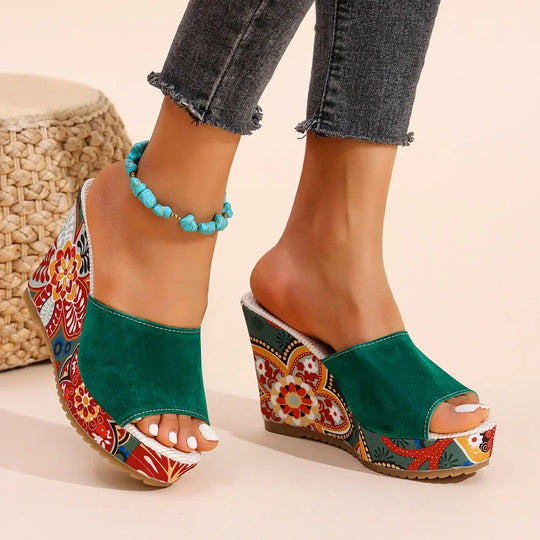 Women’s Velvet-Look Bohemian Wedge Mules with Floral Heel