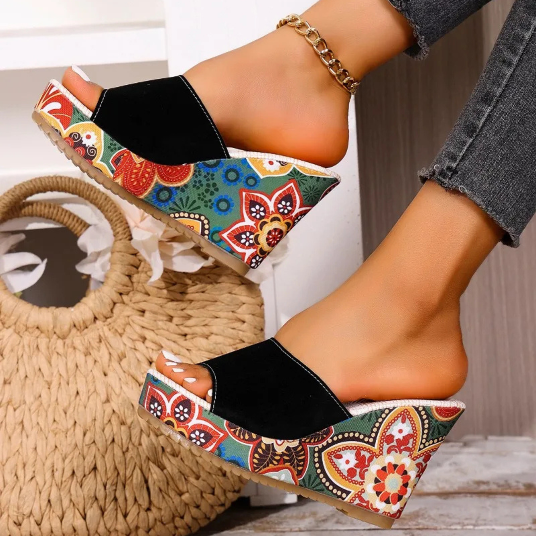 Women’s Velvet-Look Bohemian Wedge Mules with Floral Heel