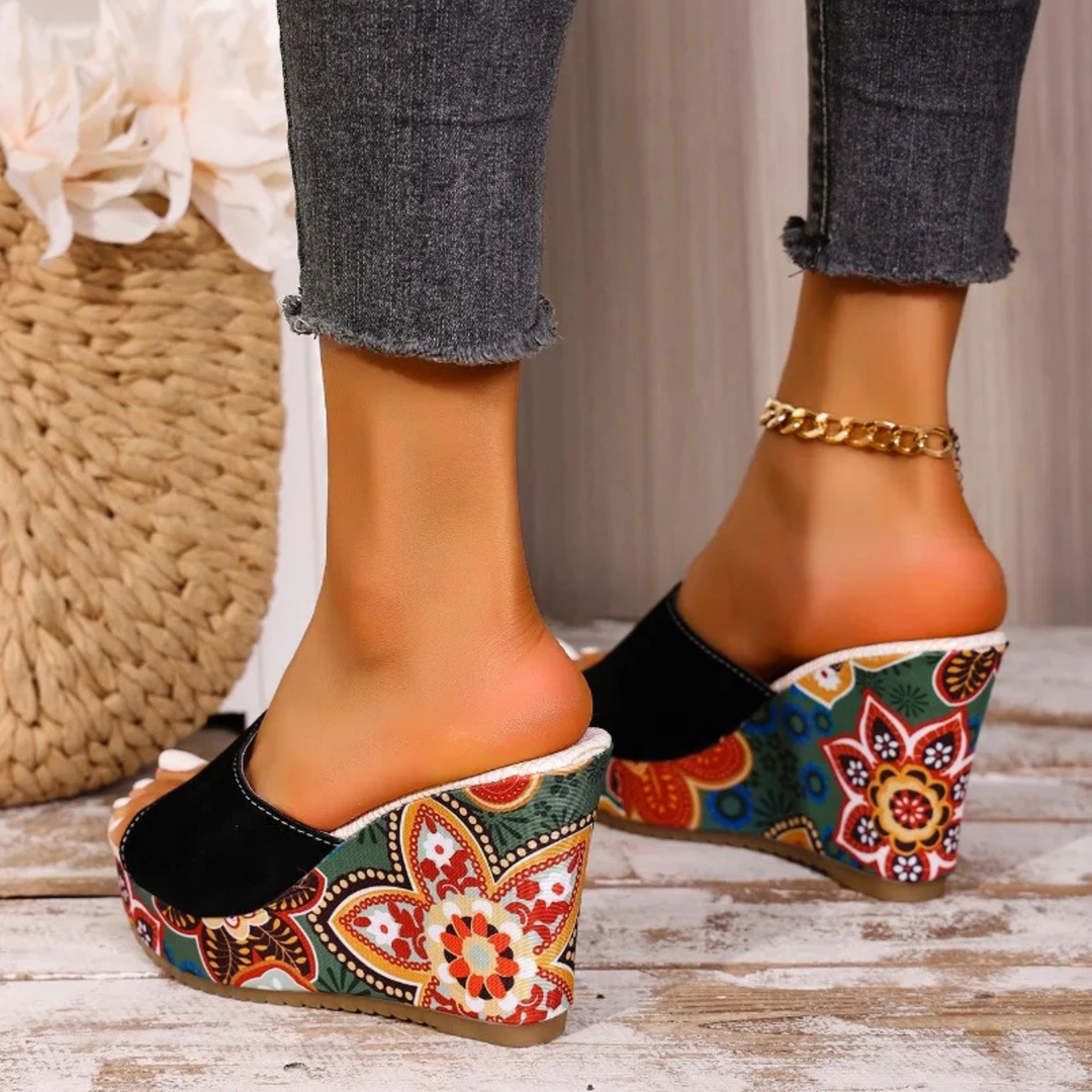 Women’s Velvet-Look Bohemian Wedge Mules with Floral Heel