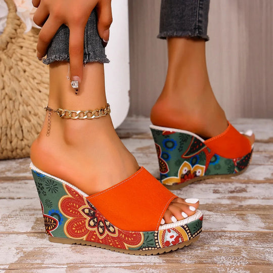 Women’s Velvet-Look Bohemian Wedge Mules with Floral Heel