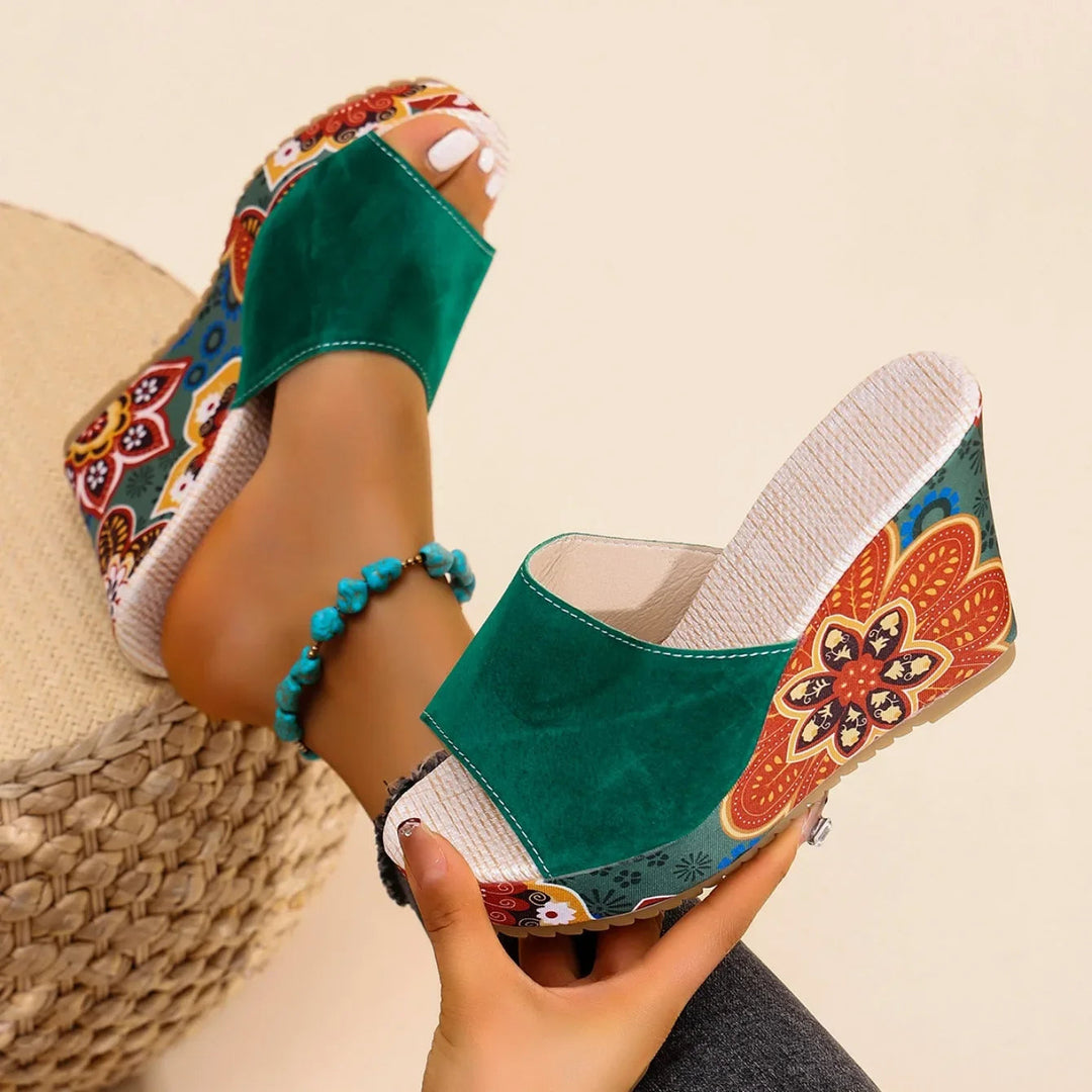 Women’s Velvet-Look Bohemian Wedge Mules with Floral Heel