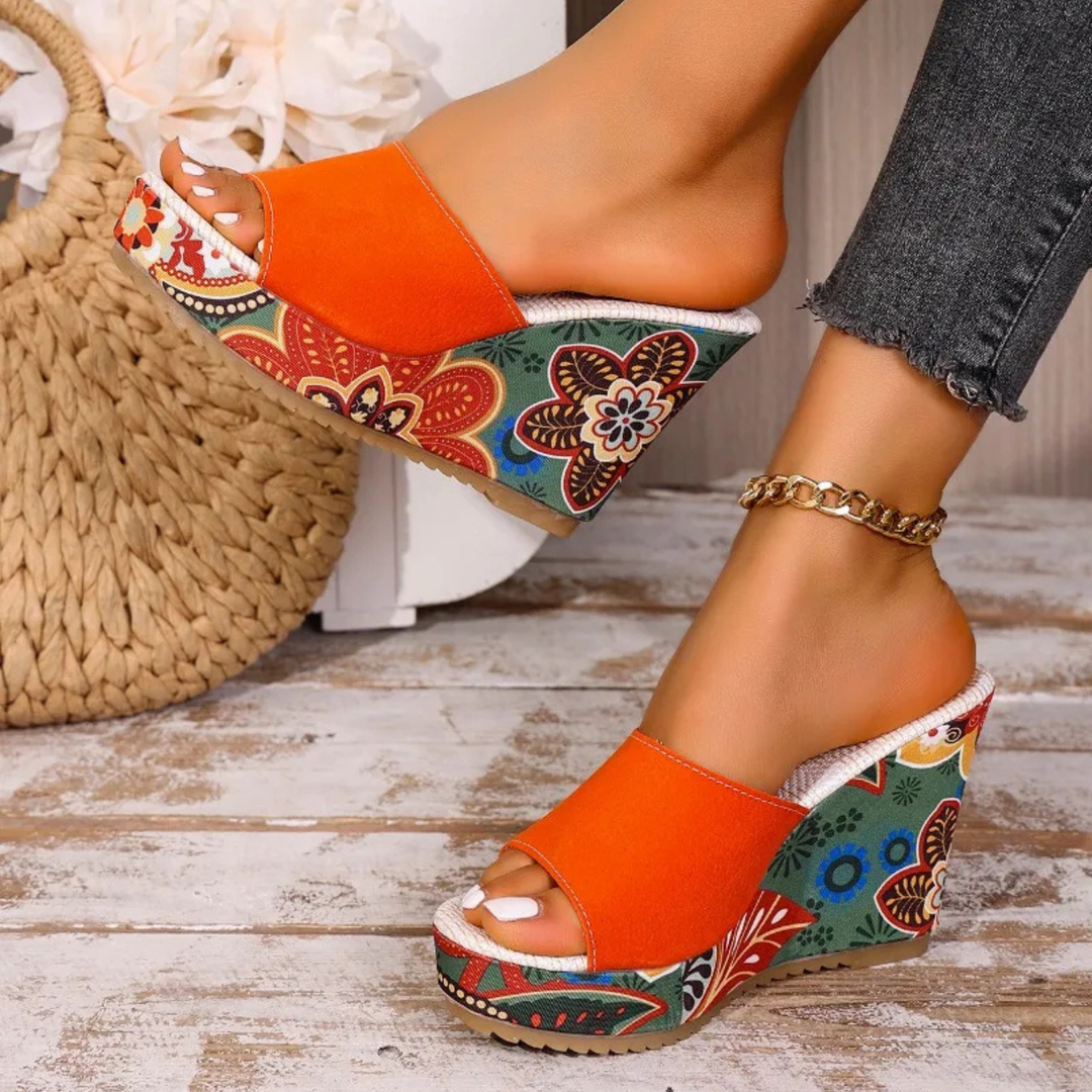 Women’s Velvet Wedge Mules with Sculptural Floral Heel