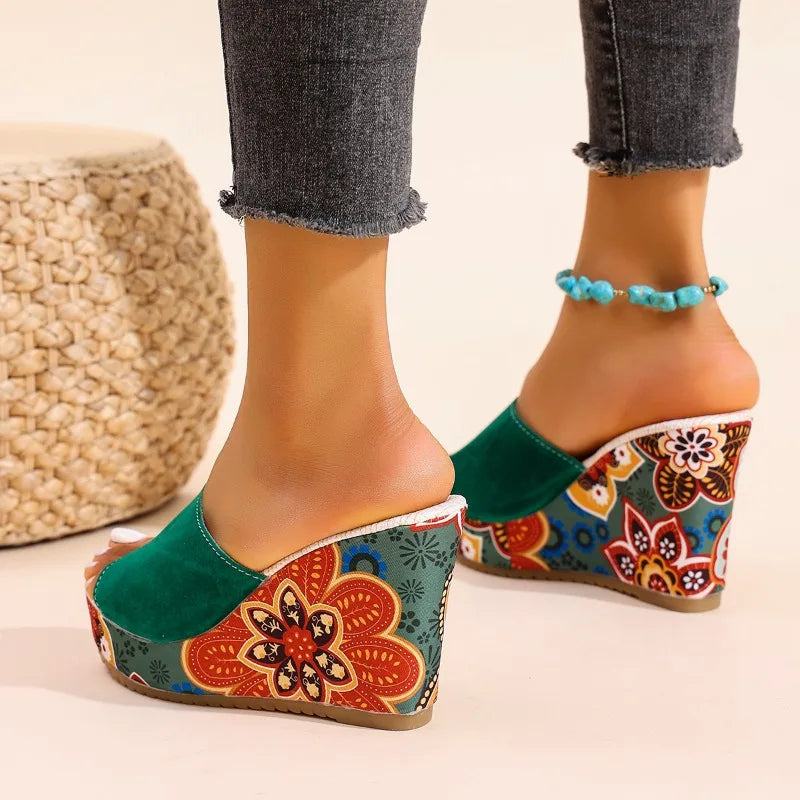 Women’s Velvet Wedge Mules with Sculptural Floral Heel