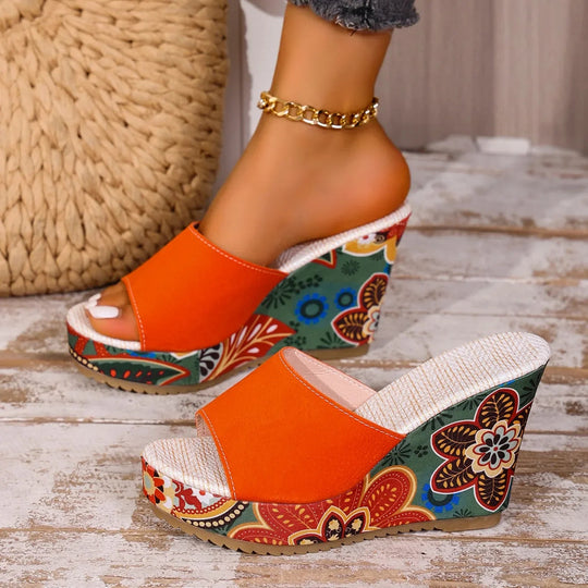 Women’s Velvet Wedge Mules with Sculptural Floral Heel