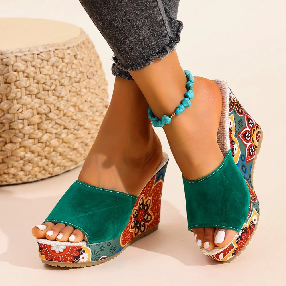 Women’s Velvet Wedge Mules with Sculptural Floral Heel
