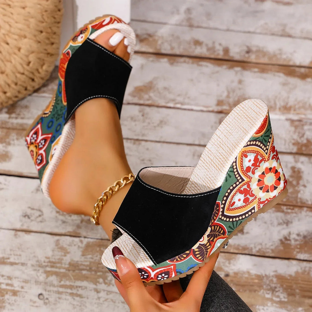 Women’s Velvet Wedge Mules with Sculptural Floral Heel