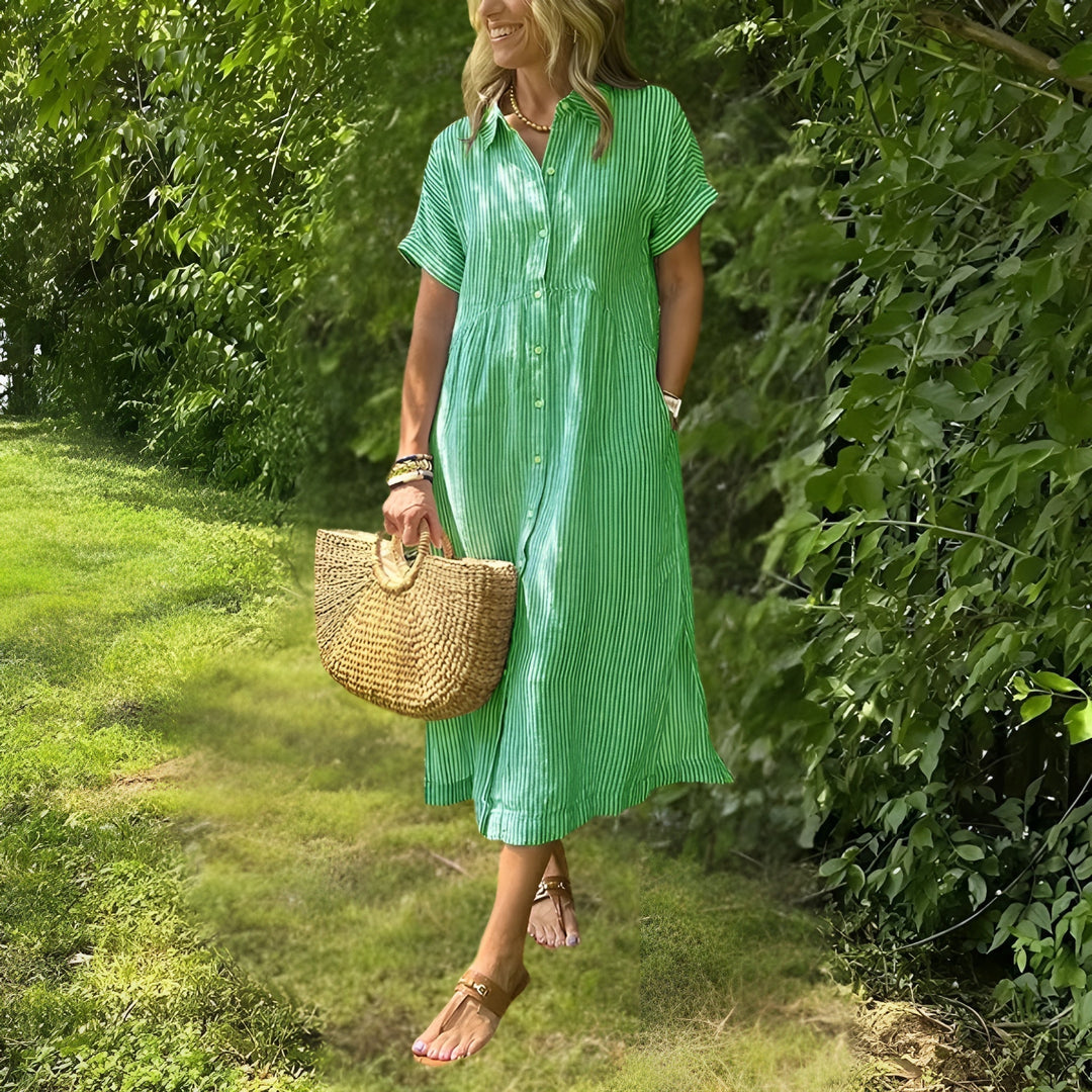 Women’s Vertical-Stripe Midi Dress – Long-Sleeve Flowing Fit