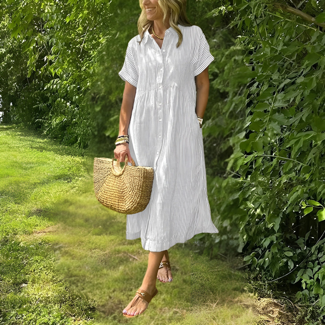 Women’s Vertical-Stripe Midi Dress – Long-Sleeve Flowing Fit