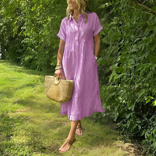 Women’s Vertical-Stripe Midi Dress – Long-Sleeve Flowing Fit