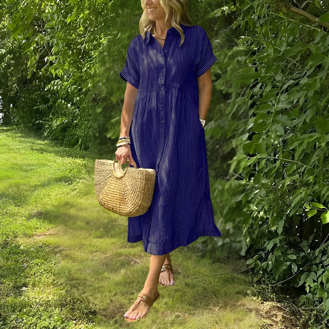Women’s Vertical-Stripe Midi Dress – Long-Sleeve Flowing Fit