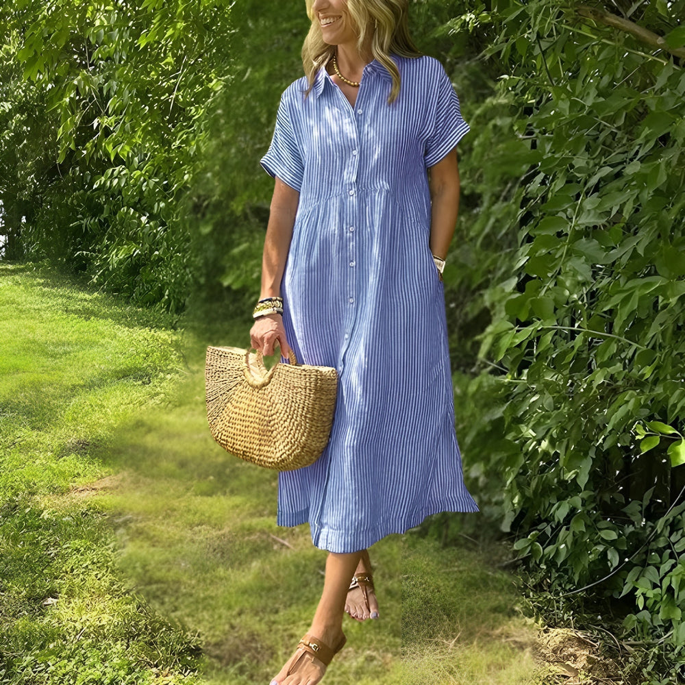 Women’s Vertical-Stripe Midi Dress – Long-Sleeve Flowing Fit