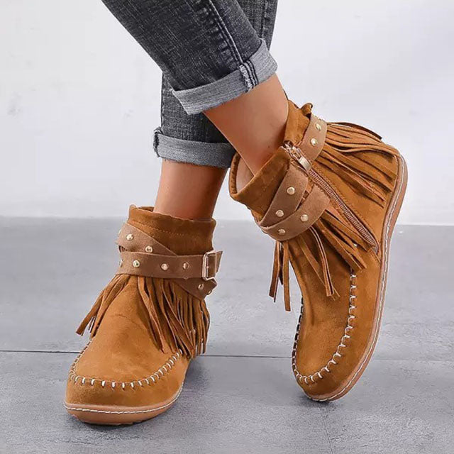 Women's Vintage Fringe Ankle Boots with Side Zip