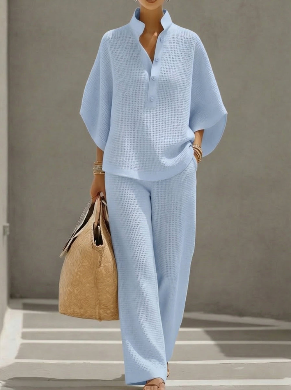 Women's Waffle-Knit Lounge Set – Relaxed Textured Two-Piece Outfit