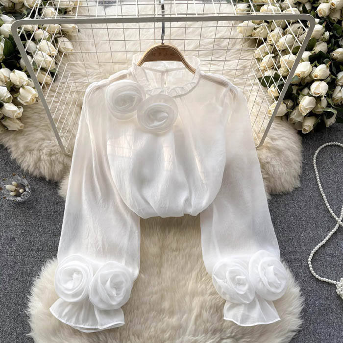Women's White Chiffon Blouse – High Neck with Sculptural 3D Roses