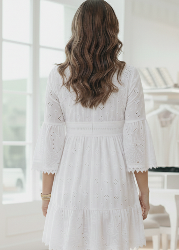 Women’s White Embroidered Lace Mini Dress with Butterfly Sleeves