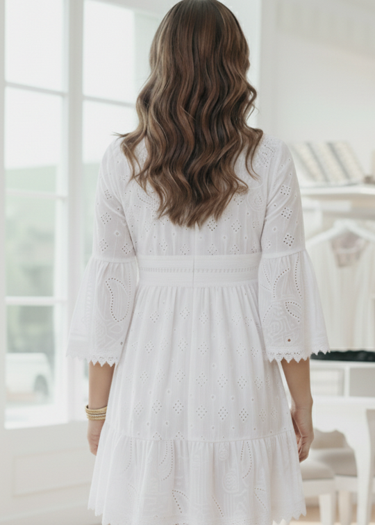 Women’s White Embroidered Lace Mini Dress with Butterfly Sleeves