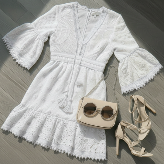 Women’s White Embroidered Lace Mini Dress with Butterfly Sleeves