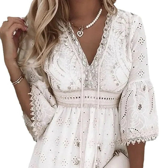 Women’s White Embroidered Lace Mini Dress with Butterfly Sleeves
