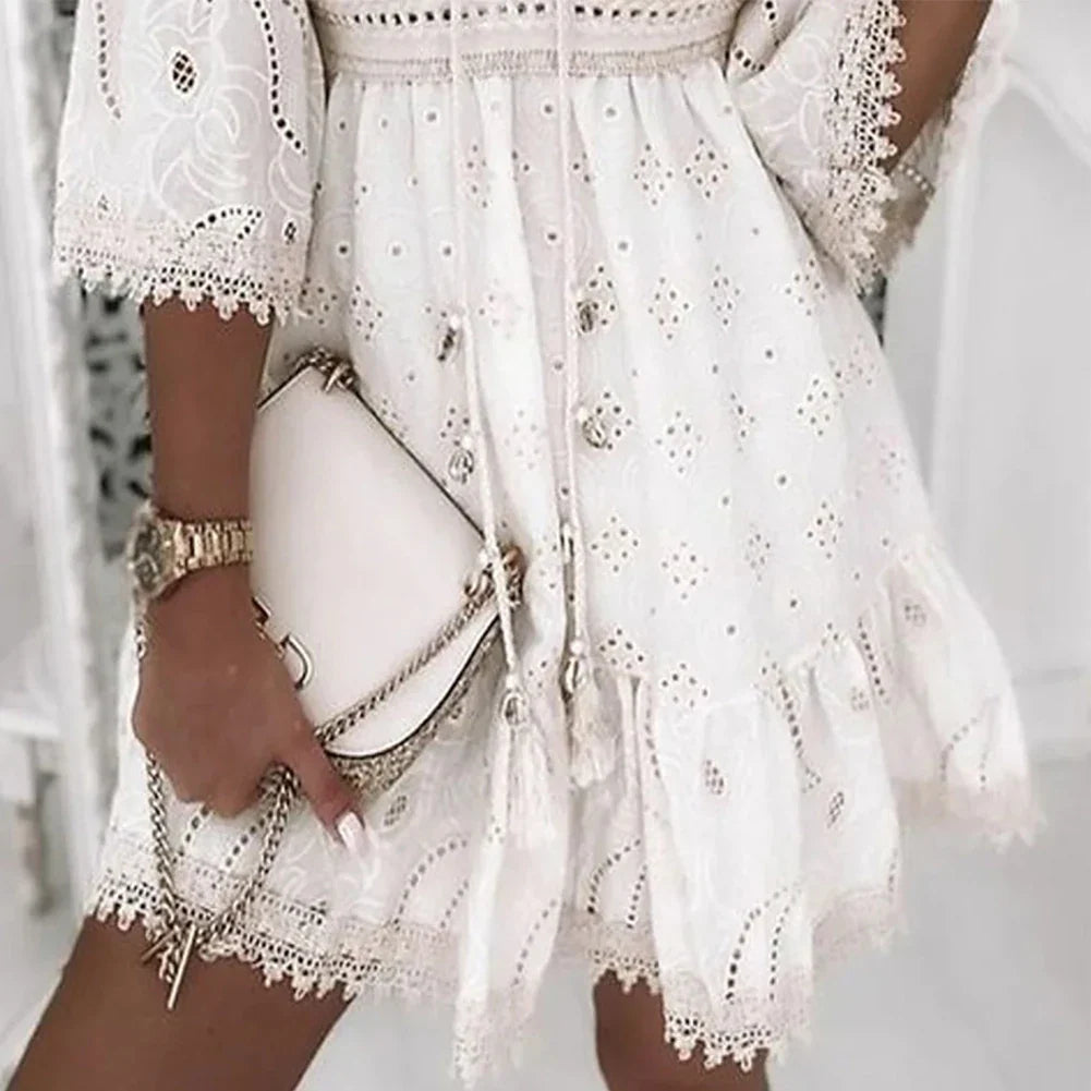 Women’s White Embroidered Lace Mini Dress with Butterfly Sleeves