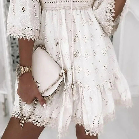 Women’s White Embroidered Lace Mini Dress with Butterfly Sleeves