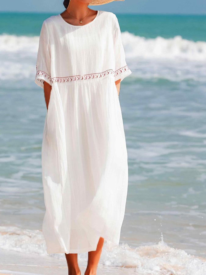 Women's White Embroidered Linen Maxi Dress – Relaxed Beach Style