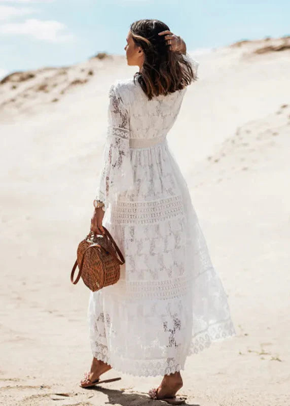 Women's White Lace Boho Maxi Dress – Flared Sleeves and Tassels