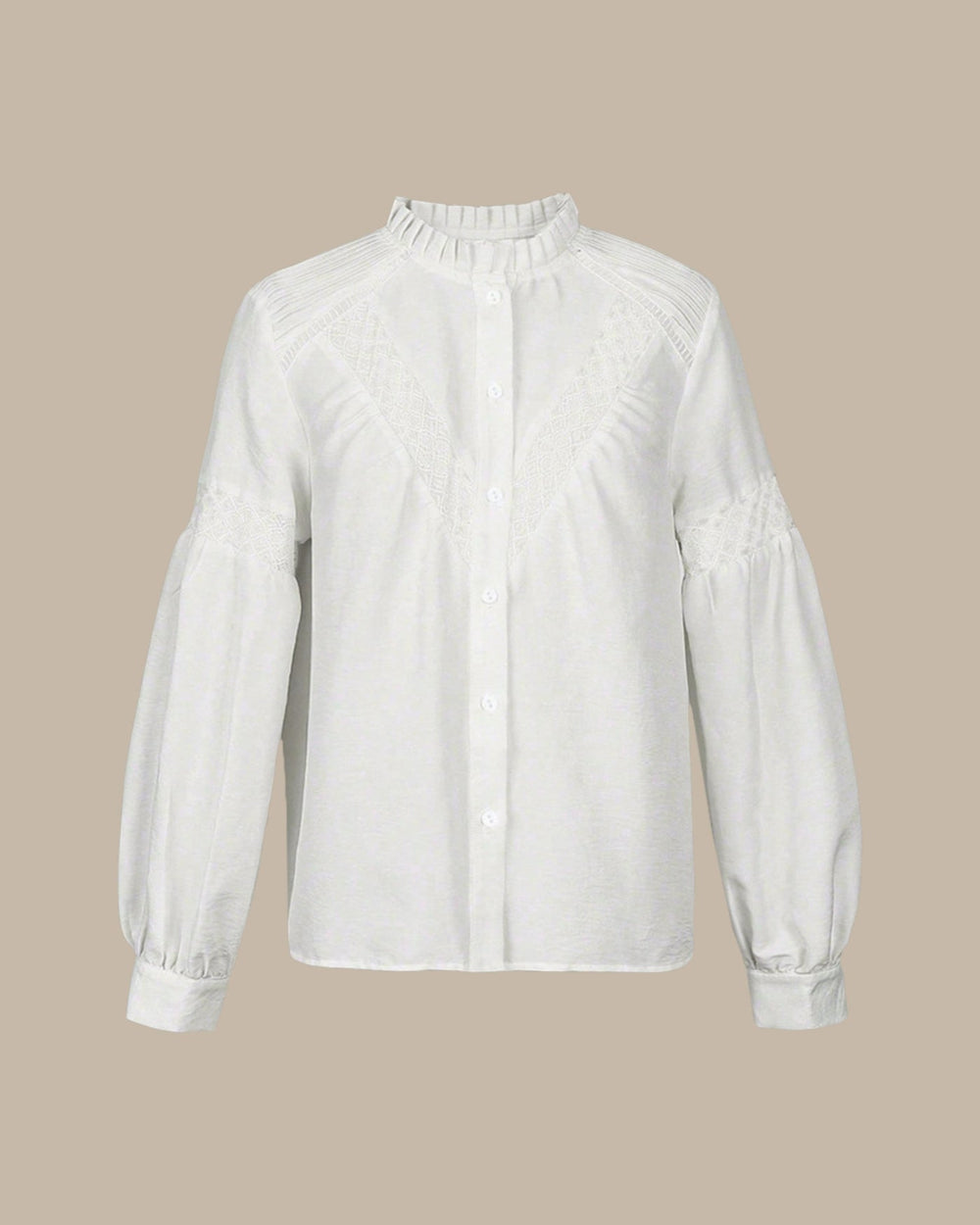 Women's White Lace-Patchwork Blouse – Textured Long-Sleeve Relaxed Top