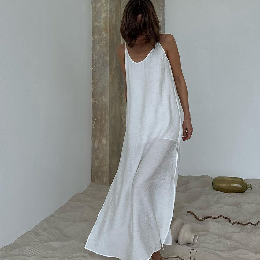 Women's White Minimalist Maxi Dress – Adjustable Straps, S–2XL