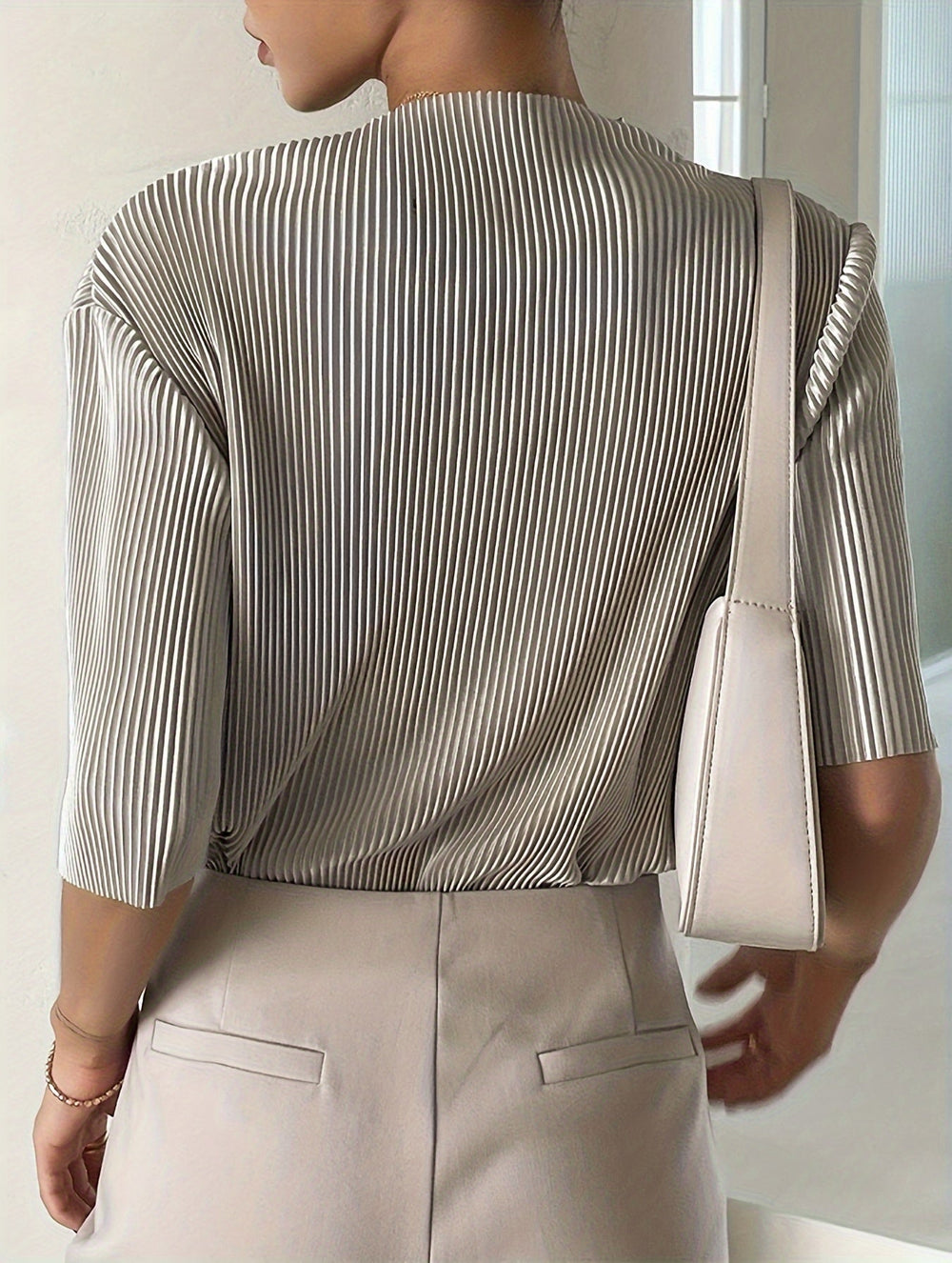 Women's White Pleated Long-Sleeve Cotton-Blend Blouse, XS–3XL