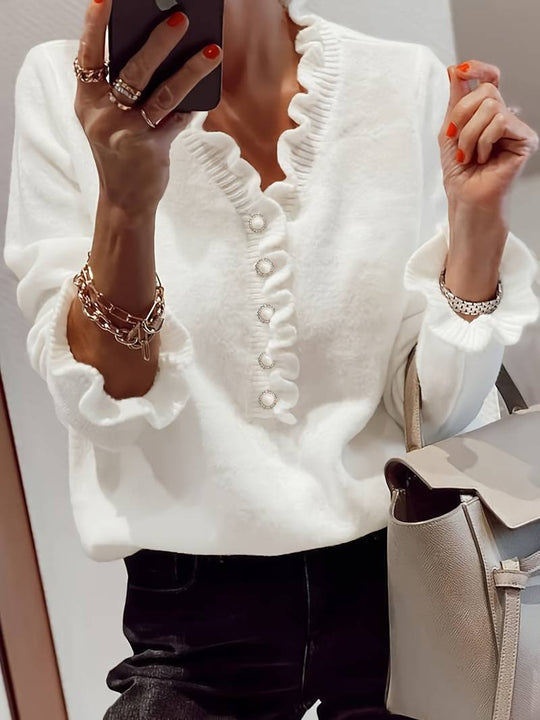 Women’s White Ruffle V-Neck Sweater – Soft Long-Sleeve Knit