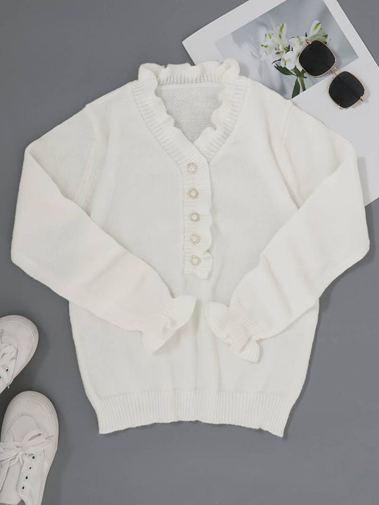 Women’s White Ruffle V-Neck Sweater – Soft Long-Sleeve Knit