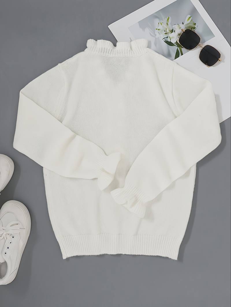 Women’s White Ruffle V-Neck Sweater – Soft Long-Sleeve Knit