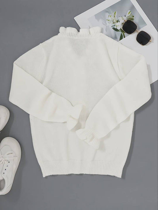 Women’s White Ruffle V-Neck Sweater – Soft Long-Sleeve Knit