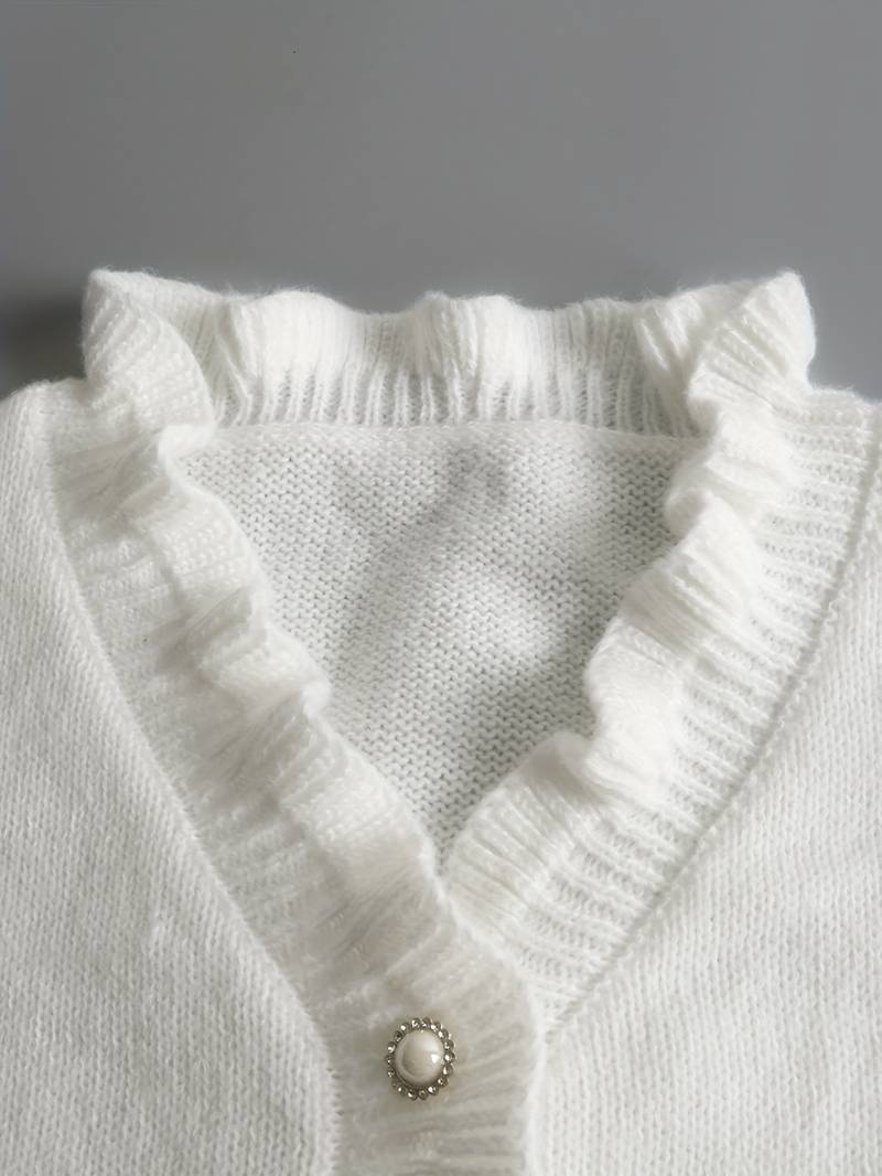 Women’s White Ruffle V-Neck Sweater – Soft Long-Sleeve Knit