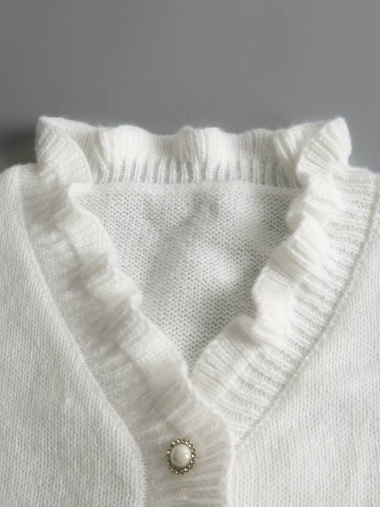 Women’s White Ruffle V-Neck Sweater – Soft Long-Sleeve Knit