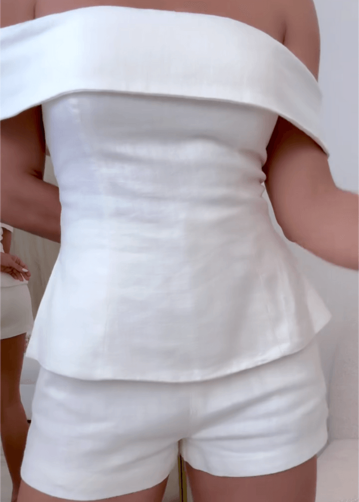 Women's White Two-Piece Set – Buttoned Crop Top and Matching Trousers