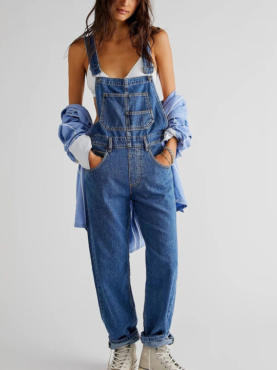 Women’s Wide-Leg Denim Dungarees – Adjustable Straps and Oversized Pockets