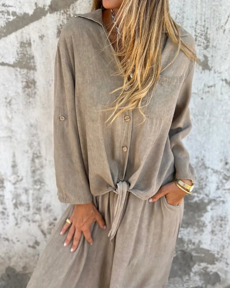 Women's Wide-Leg Lounge Set – Long-Sleeve Shirt and Elastic-Waist Trousers