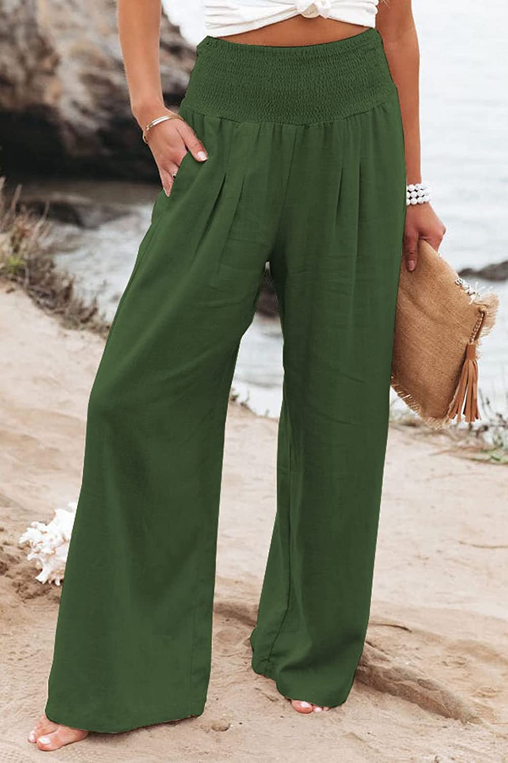 Women’s Wide-Leg Summer Pants – Gathered High Waist and Side Pockets