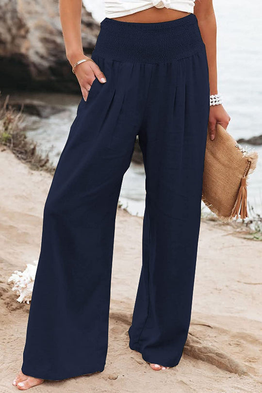 Women’s Wide-Leg Summer Pants – Gathered High Waist and Side Pockets