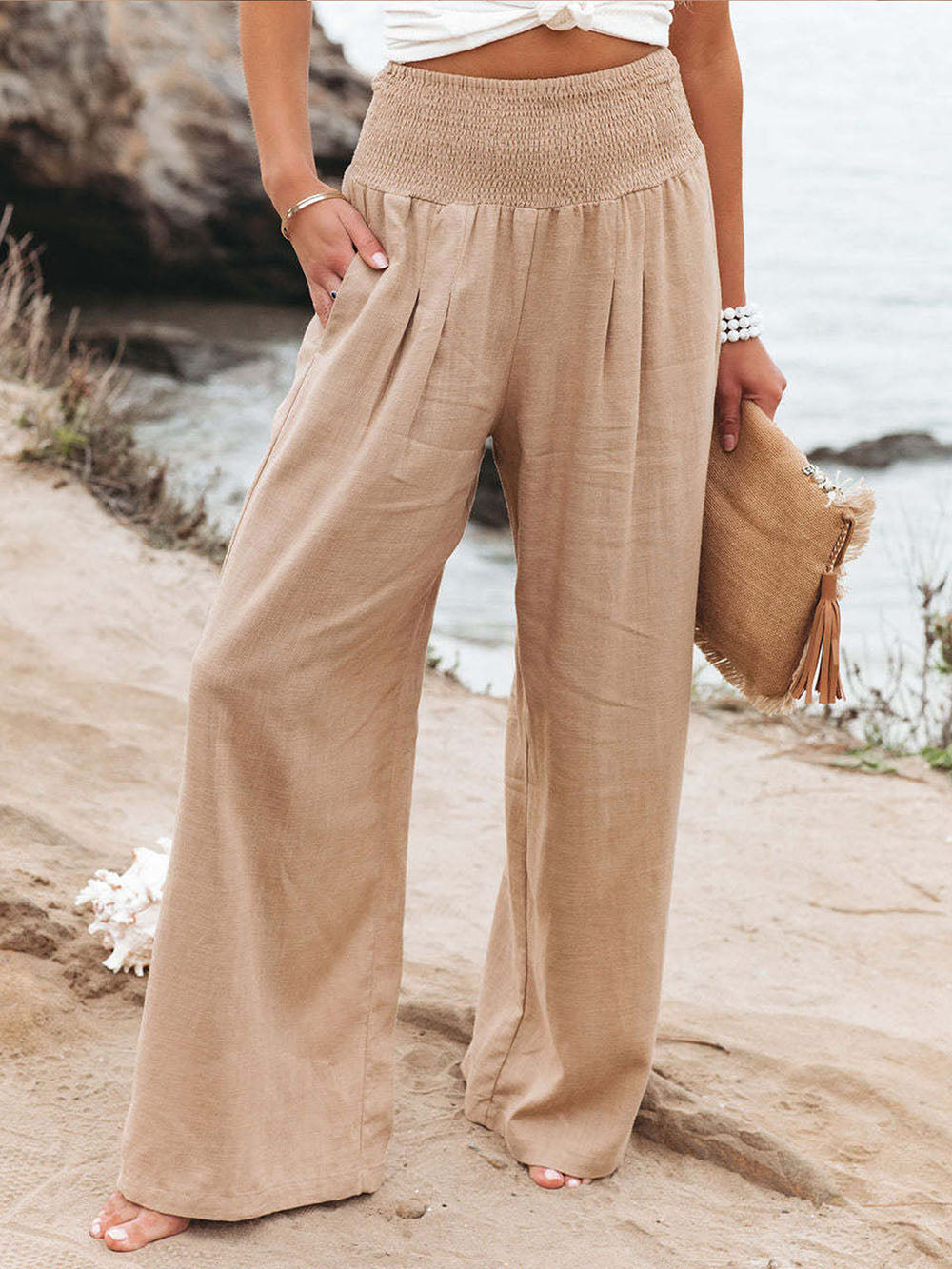 Women’s Wide-Leg Summer Pants – Gathered High Waist and Side Pockets